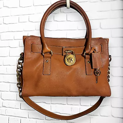 MICHAEL KORS Cognac HAMILTON SAFFIANO Leather Lock & Key Satchel Bag - Ship Free • $95