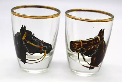 Lot Of 2 Vintage 2  Shot Glasses Bridled Horse Head Crop Gold Rim Trim 1970s • $12.95