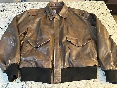 VTG US Wings Chocolate Leather Full Zip Aviator Flight Bomber Jacket Mens XL • $81.50