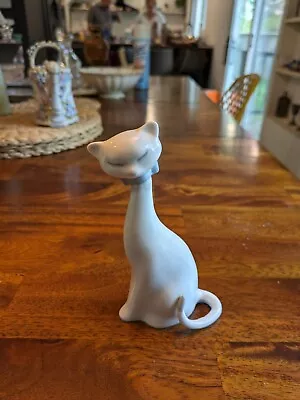 Lladro Nao Long Necked White Porcelain Cat Figurine With A Blue Bow • $50