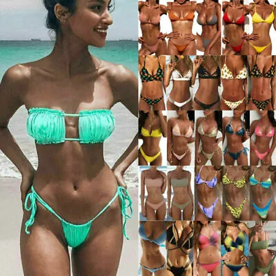 Womens Brazilian Bikini Padded Bra Thong Set Bandage Swimsuit Swimwear Holiday • £9.11