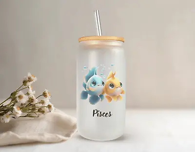PISCES Zodiac Sign Frosted Glass Can With Bamboo Lid 16 Oz Glass Cup By Mugzan • $17.99