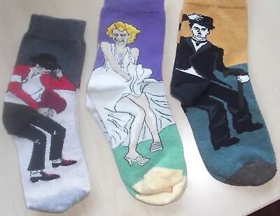 3 NEW Cotton Ankle Socks Michael JACKSON MARILYN MONROE CHARLIE CHAPLIN Sz 9-11 • $24