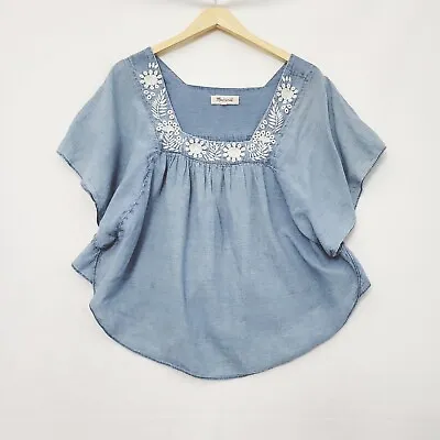 Madewell Linen Chambray Denim Short Sleeve Poncho Shirt Embroidered Size Large • $12.45