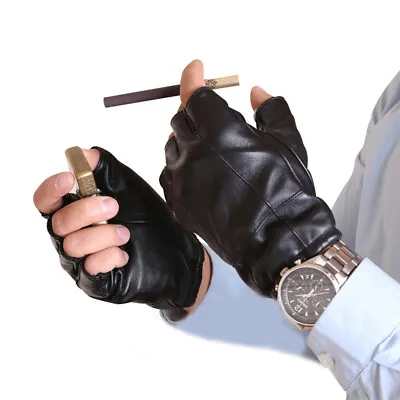 Man Fashion Short Fingerless Real Sheep Leather Gloves In Black • $35.40
