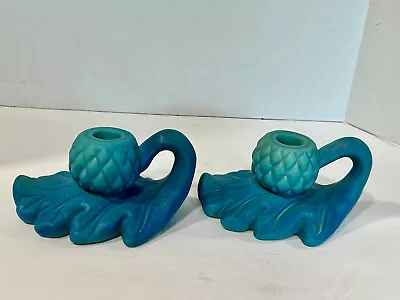 Pair Van Briggle Acorn Oak Leaf Candleholders Ming Turquoise Blue Glaze Vtg 1949 • $85