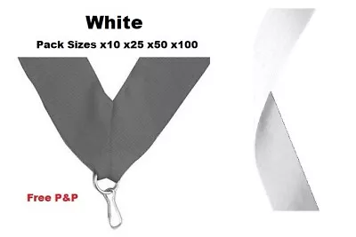 WHITE MEDAL RIBBONS LANYARDS WITH CLIP 22mm WOVEN PACKS OF 10/25/50/100 • £4.25