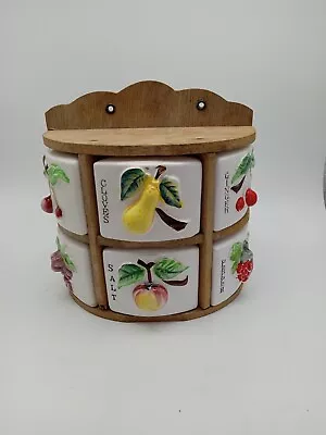 Vtg Spice Containers&Rack Raised Fruit Design Curved Wood Rack Relco Japan • $22.39