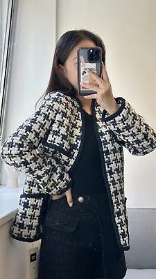 Women Houndstooth Tweed Boucle Blazer Jacket - Trendy Vintage Style Outfit • $75.67