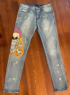 Waimea Jeans  32X32 FIERY SKULL AND CROSS BONES PATCH Skinny Fit Distressed • $26.99