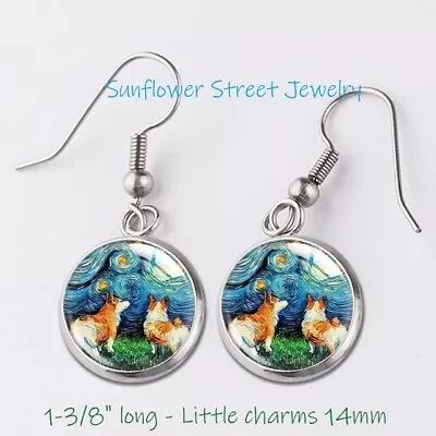 Starry Night Corgi Earrings Dog Earrings Glass Dome Cabochon Art Print 03114 • $14.98