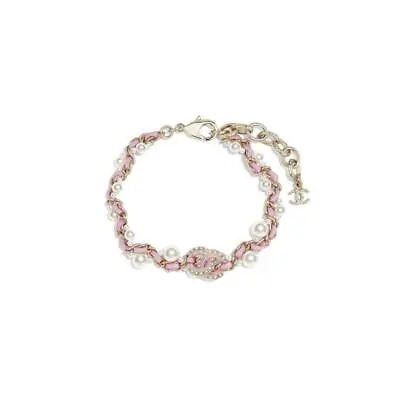 Chanel Women CC Mark Chain Bracelet Gold Pink White Leather Costume Pearl Auth • $1204.73