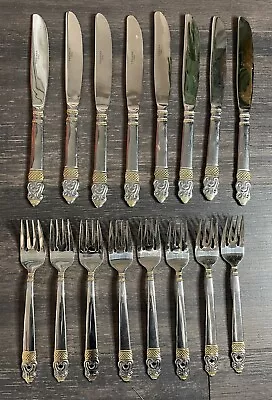 Wallace Flatware 18/10 Gold And Silver Two Tone Lot Of 16 Knives Forks Stainless • $49.99