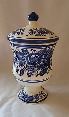 Vintage Royal Delft Blauw Blue White Hand Painted JAPAN Urn Jar Blue Floral 8” • $18.69