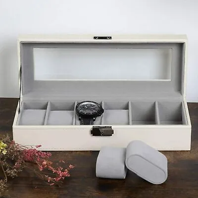 6 Slots Leather Watch Display Case  For Men Organizer White Watch Box Glass Top • $18.99