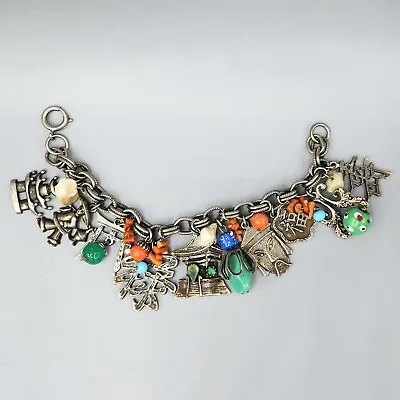 Vintage Germany Silver Tone Coral Lucite Glass Asian Theme Charm Bracelet 7.5  • $66.56