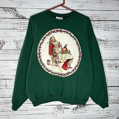 Vintage 90s Norman Rockwell Santa Christmas Pullover Sweatshirt Green Men’s XL • $13.50