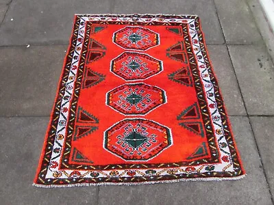 Vintage Hand Made Traditional Rug Oriental Cotton Orange Red Small Rug 126x110cm • £155