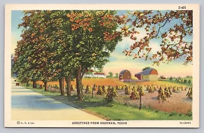 Postcard TX Sherman Howe Postmarked Greetings Country Rd Farm Barns Crops I6 • $9.97