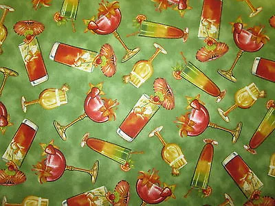 $6.75 • Buy Martini Cocktail Long Island Wine Glass Drinks Green Cotton Fabric BTHY