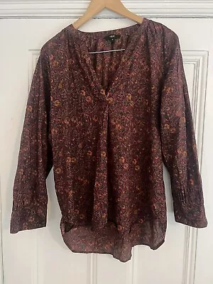 Next Burgundy Mustard Floral Blouse Top Size 18 Cotton Long Sleeves • £5.99