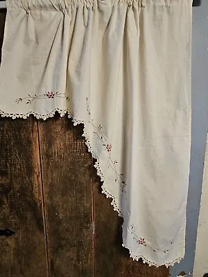 Cotton Swag Curtain Set Antique WHITE Embroidered Flowers Vines 1 Pair 38  Long  • $17.95