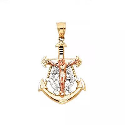 14K Yellow White Rose Gold Jesus Crucifix Anchor Pendant -Mariner Cross Necklace • $171.01