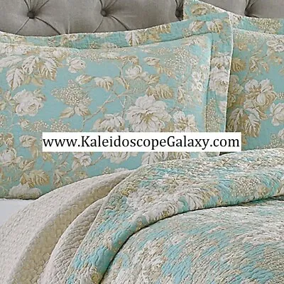 LAURA ASHLEY 3pc FULL/QUEEN QUILT Cottage Floral Toile Tan Aqua Flowers • £120.66