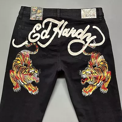 Ed Hardy Jeans Denim Crawling Tiger Print Men’s Sz 34 X 32 Tapered Stretch Black • $79.89