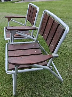 2 Sweet Retro Vtg Mid Century Aluminum Redwood 4 Slat Folding Arm Patio Chairs • $149