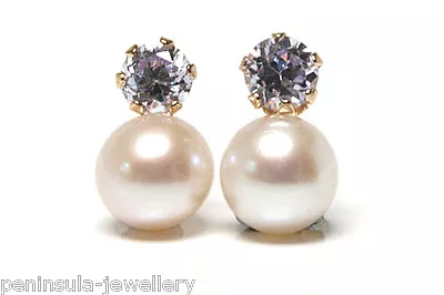 9ct Gold Cultured Pearl And CZ Studs Earrings Made In UK Gift Boxed • £38.99