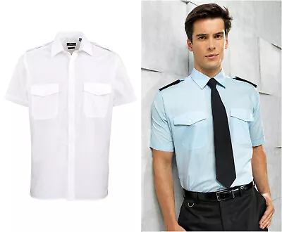 PREMIER MENS PILOT SHIRT SHORT SLEEVE UNIFORM SECURITY EPAULETTES PR212 Rrp£20 • £9.99