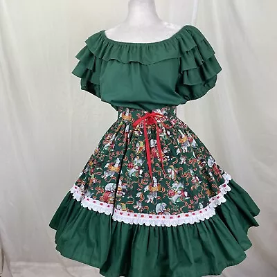 Square Dance Outfit Skirt Blouse Holiday Kitten Print Red Green W White Lace  • $99