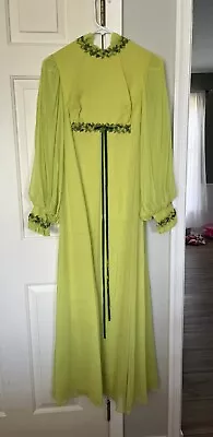 Vtg 60's-70's Satin & Chiffon Green Empire Waist Maxi Prom Ball Dress Gown • $50