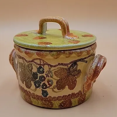 Vintage Italian Hand Made & Painted Lidded Sugar Jar 5  Grapes & Leaves Scene  • $60