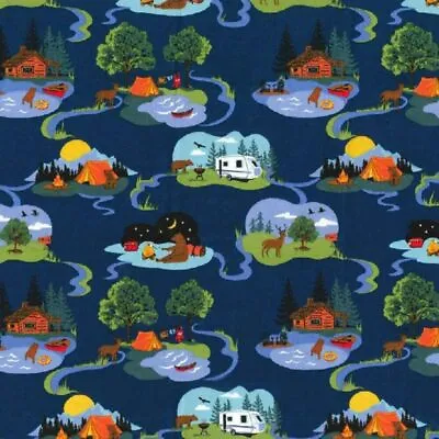 Woodland Camping Cabins Cotton Fabric • $10.49