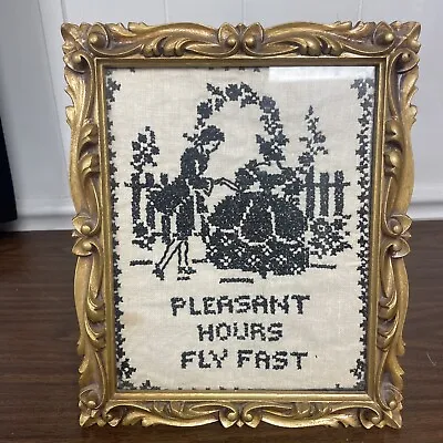 Vintage Framed Cross Stitch Needlework Pleasant Hours Fly Fast Victorian Style • $44.87