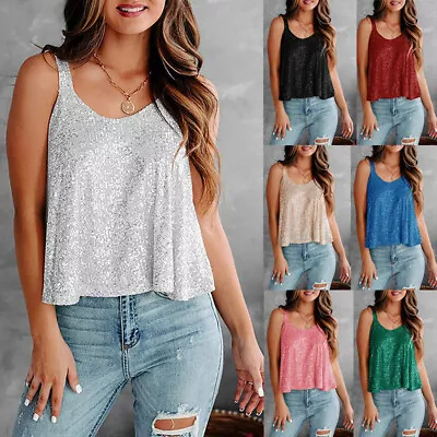 Womens Sequin Glitter Cami Vest Ladies Sexy Sleeveless Swing Party Shirt Tops ~ • $10.82