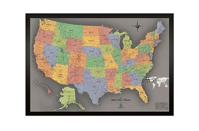 USA Map Framed Black Magnetic Patented Surface 30 Pins W33 H22 Free Shipping NEW • $58.88