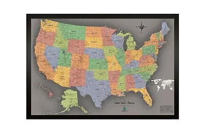 $74.97 • Buy USA Travel Map Framed Black Patented Magnetic Surface 30 Pins 33 X22  Free Ship