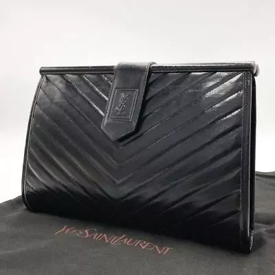 Yves Saint Laurent YSL Clutch Leather Black Bag Vintage V-stitch With Dust Bag • $481.91