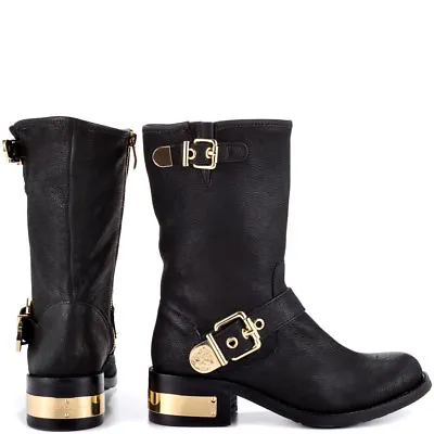VINCE CAMUTO Winchell Black Silk Goat Boots Gold Buckle Harness  US61/2M-EU361/2 • $99
