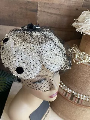 Vintage Ladies Womens Hat White With Black And White Veil- 80’s • $9.99