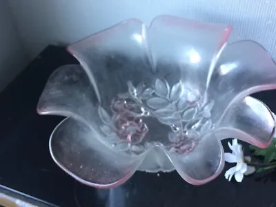Germany Walther Glas Fruit Bowl Glass Pink Floral Deep Bowl Scalloped Edge Dish • £14