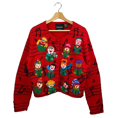 VTG Michael Simon Musical Christmas Singing Carolers AOP Sweater Cardigan Large • $149.99