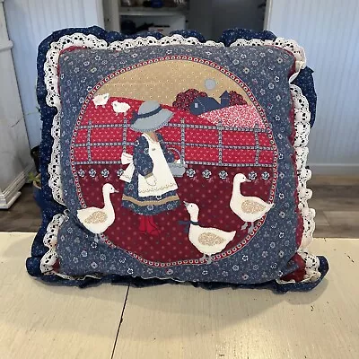 Vintage Geese Cottage Core Quilted Throw Pillow Cover Handmade Blue Red White • $16.98