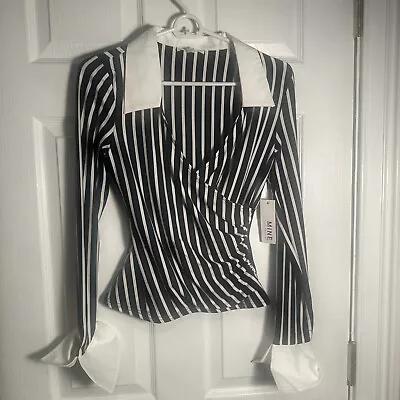 NWT MINE Top Women's S Long Sleeve Striped White Cuffs Crossover Blouse • $25.99