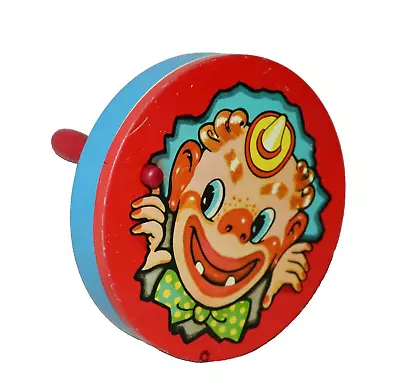 T Cohn Inc ~ Clown Tin Litho Round Slotted Noise Maker Red Wood Handle ~ 3 • $10.46