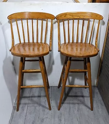 Vintage Pair - S. Bent & Bros Oak Wood Swivel Bar Stools Rustic Country Colonial • $450