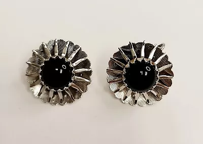 Vintage Sarah Coventry Black Glass Stone Silver Clip Earrings • $8.99